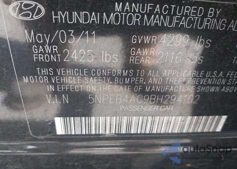 2011 Hyundai Sonata Gls from USA, damaged, VIN 5NPEB4AC9BH294102